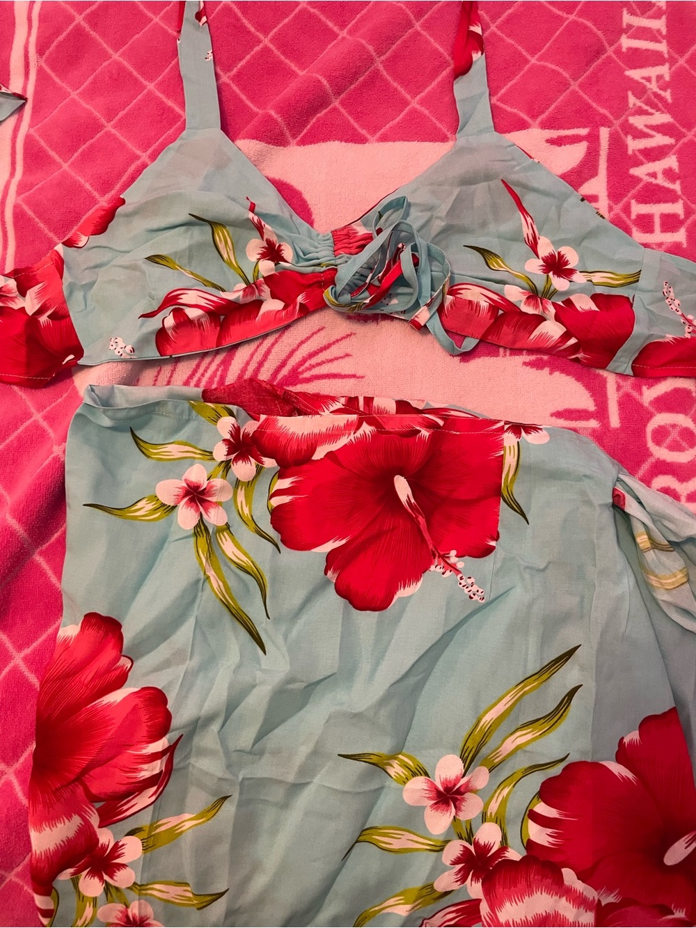 Aqua Blue Hawaiian Floral Two-Piece Swim Set